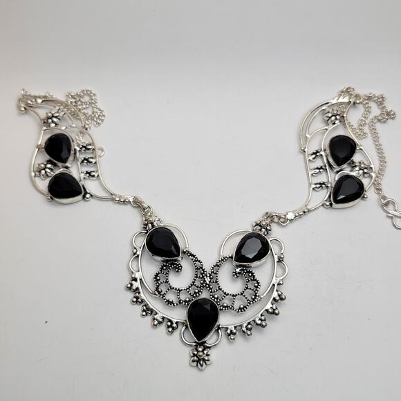 Simulated Black Onyx Sterling Silver Necklace - Intricate 22-Inch Statement - Picture 3 of 9